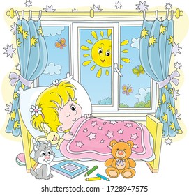 Little girl friendly smiling and waking up in her small bed in a nursery room with toys on a bright sunny morning, vector cartoon illustration on a white background