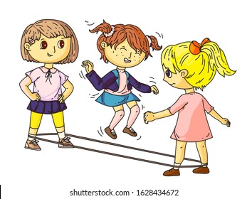 Little girl friends jumping through elastic band. Female yard active game. Playground or park activities. Entertainment for children. Playful summer time and vacation. Vector flat illustration