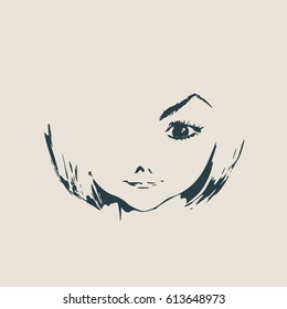 Little Girl Front View Silhouette. Vector Illustration. Cute adolescent girl portrait.