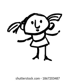 A little girl is a funny cartoon character. Hand-drawn caricature, Doodle. Black and white vector illustration.