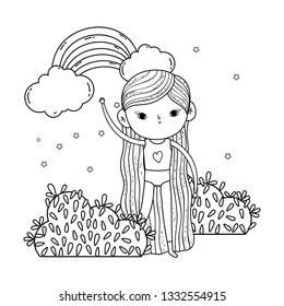 little girl in the garden with rainbow