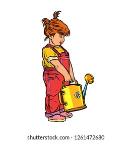 little girl with a garden watering can. Pop art retro vector illustration vintage kitsch