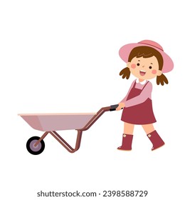 Little girl gardener pushing empty wheelbarrow