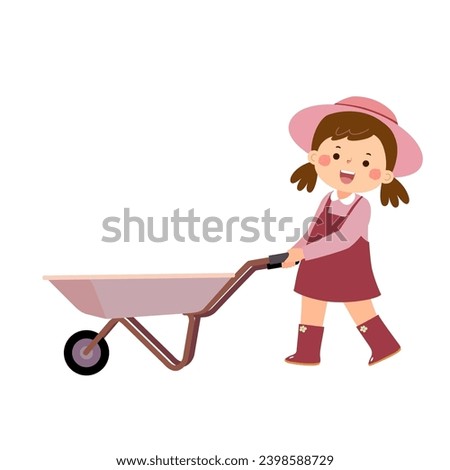 Little girl gardener pushing empty wheelbarrow