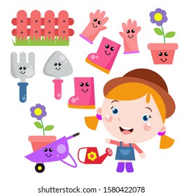 Little Girl Gardening activity with tool Cute Cartoon. Children Vector Template Design Illustration