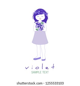 Little girl with garlands of flowers in her hair holding a bouquet of wild violets