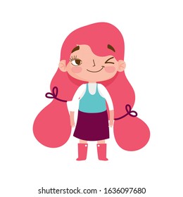 little girl gesture with long hair pony tail style cartoon vector illustration