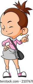 The little girl is gesturing and pointing something of illustration