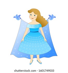 Little girl get dress a cloak, birds bring her a cloak with sparkling stars. Beautiful fay in blue princess dress. Illustration with cute girl. Character for cartoon.