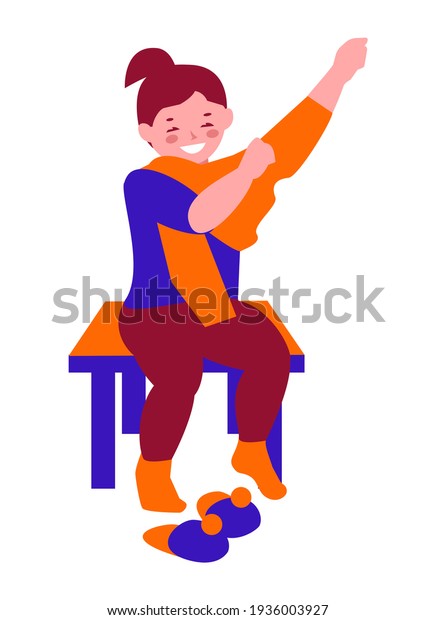 Little girl gets dressed for a walk. Puts on
a sweater. Vector illustration in flat cartoon style. Isolated on a
white background.