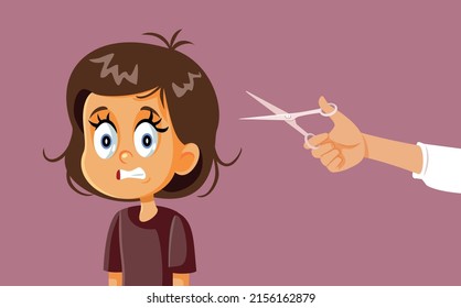 
Little Girl Getting A Bad Haircut From Her Mom Vector Cartoon. Stressed Little Child Having Her Hair Cut By An Unskilled Hairdresser 
