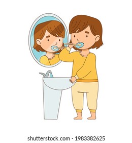 Little Girl Getting Ready to Bedtime Brushing Her Teeth Vector Illustration