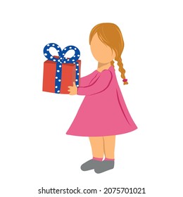 Little girl with a gift box in her hands. Flat style. Isolated on white background
