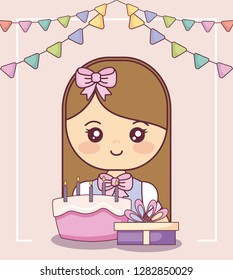 little girl with gift box and sweet cake
