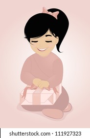 Little girl and gift : A vector illustration of little girl holding a package, she will discover her gift, a doll or something else...