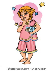 Little girl with ginger hair wearing pink rose cozy pajama . Sleepy and quiet, preparing for beadtime in bedroom. Presses finger to lips. Holds plushy blue color sheep toy. Stock vector illustration.