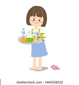 little girl give alms buddhist monk vector