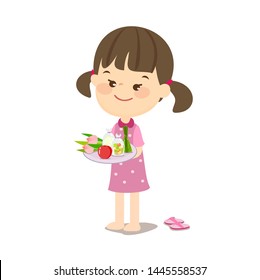 little girl give alms buddhist monk vector