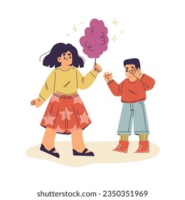 Little Girl Give Candy Floss to Boy Supporting and Comforting Sad Friend Vector Illustration