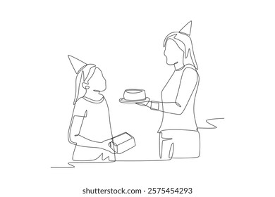 A little girl is given a birthday cake by her mother. Children birthday celebrations concept one-line drawing