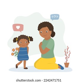 Little girl gives flowers to his mother for birthday. Mom holiday. Daughter congratulates his mother. Touching moment. Cute baby with flowers. Mothers Day. African american characters. Flat vector