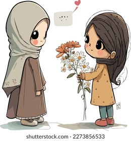 A little girl gives flowers to a Muslim little girl