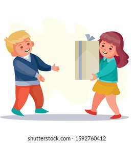 little girl gives a gift to a little boy, birthday, surprise, joy, vector illustration