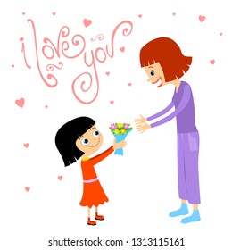 little girl is giving flowers to his mother. with hand writing font. vectoral illustration for women's day or mother's day.