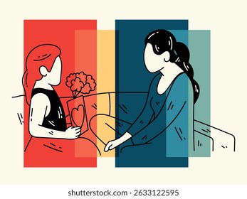 Little girl giving flowers and love card to her mother illustration design