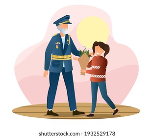Little girl is giving flowers to veteran in military uniform. Concept of veteran day. Army veteran with grandchild giving salute and respect. Flat cartoon vector illustration
