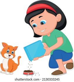 little girl giving food to cat