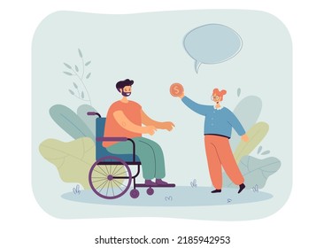 Little girl giving gold coin to man in wheelchair. Kid helping male character with physical disability flat vector illustration. Disability, charity, assistance concept for banner or landing web