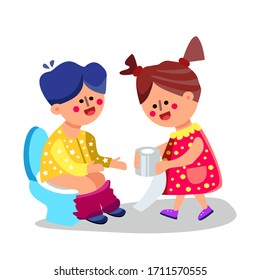 Little Girl Giving Toilet Paper Boy Vector. Character Toddler Kid Brother Sitting On Toilet With Pants Down And Sister Child Give Lavatory Tissue. Kindergarten Colorful Flat Cartoon Illustration