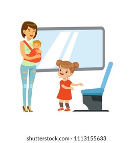 Little girl giving way to woman with baby in public transport, kids good manners concept vector Illustration on a white background