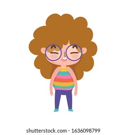 little girl with glasses curly hair expression facial cartoon vector illustration