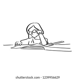 little girl with glasses doing homeworks on table vector illustration sketch doodle hand drawn with black lines isolated on white background