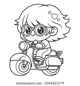 Little girl with glasses riding a scooter, for coloring