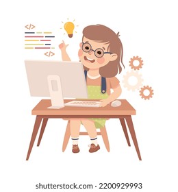 Little Girl in Glasses Sitting at Computer and Coding Programming and Engineering Smart Technology and Artificial Intelligence Vector Illustration