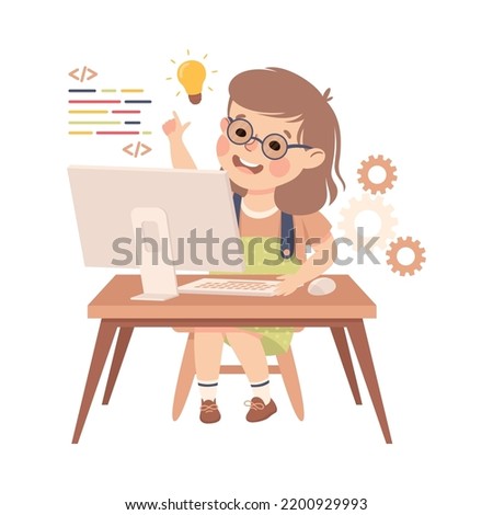 Little Girl in Glasses Sitting at Computer and Coding Programming and Engineering Smart Technology and Artificial Intelligence Vector Illustration