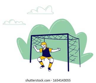 Little Girl Goalkeeper Prepare to Catch Ball at Football Competition Game. Soccer Player Defend Attacked Gate Getting Ball. Child Football Player Engage Sport. Cartoon Vector Illustration Line Art