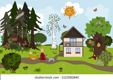 Little girl goes home after gathering mushrooms at wild magic forest. Girl and her friends cat and fox. Childish background for mats and other design. Vector illustration
