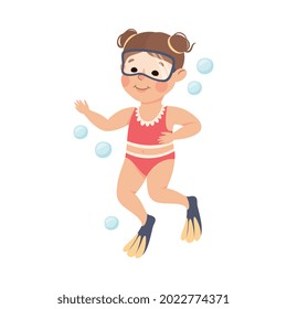 Little Girl in Goggles and Flippers Swimming Underwater with Bubbles Vector Illustration