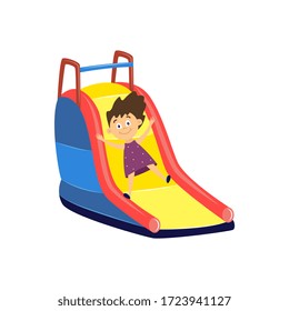 Little girl going down slide - happy cartoon character child on playground attraction. Cute kid in dress having fun with summer activity - flat isolated vector illustration