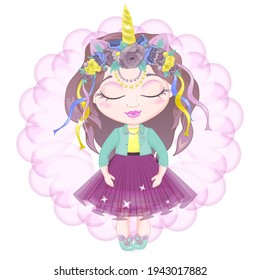 A little girl with a GOLD unicorn horn and a blooming flower wreath. Cute baby girl in fluffy skirt and jacket