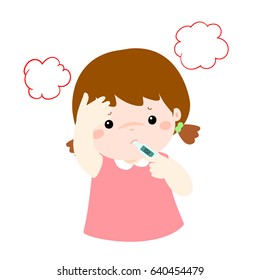 Little girl got high temperature vector cartoon illustration.