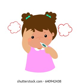 Little girl got high temperature vector cartoon illustration.