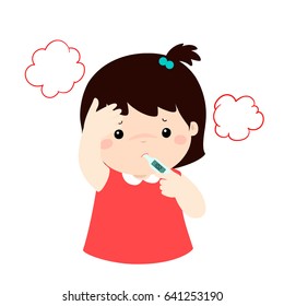 Little girl got high temperature vector cartoon illustration.