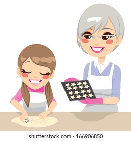 Little girl and grandmother making star shaped gingerbread cookies together isolated on white background