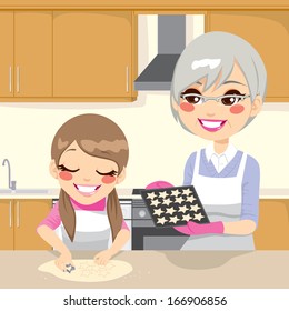 Little girl and grandmother making star shaped gingerbread cookies together in house kitchen