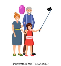 Little girl with grandparents vector illustration. Granddaughter with balloon, grandfather and grandmother cartoon characters. Happy people taking selfie together, family relationship flat design